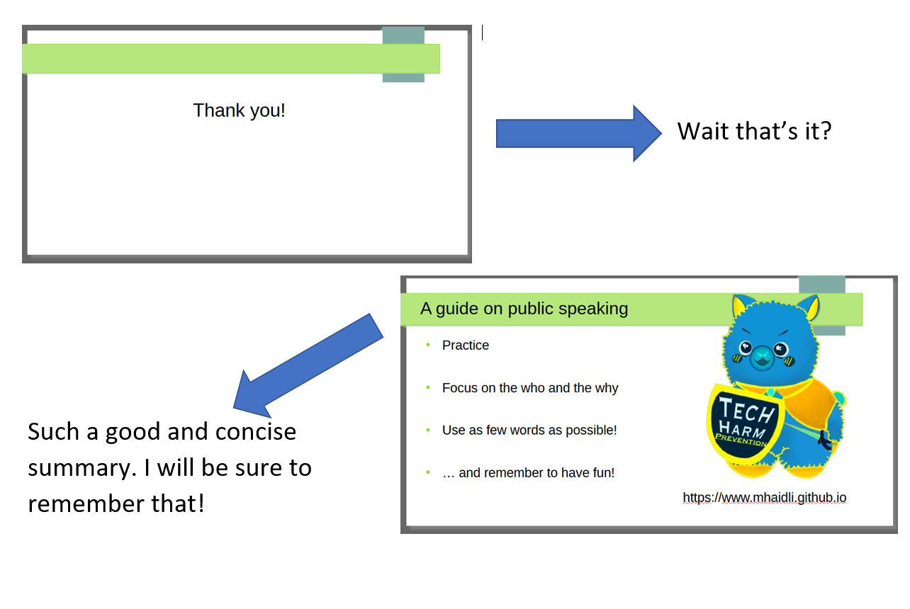 An image of two powerpoint slides. The first has thank you, with text accompanying the slide saying “Wait that is it?”. The second slide has detailed information (including a summary of a paper, a web link for the paper, and an image of an alpaca) and text accompanying the slide saying “Such a good and concise summary. I will be sure to remember that!”